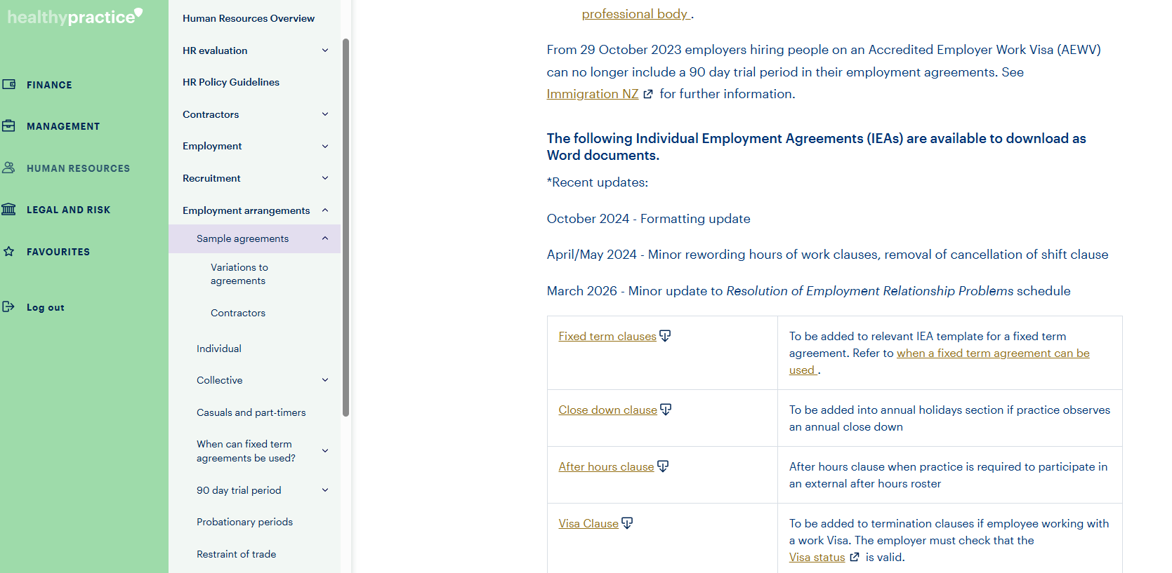 Sample agreements screenshot